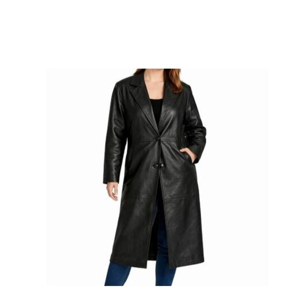 G-III Black Leather Trench Coat Womens Size M Long Maxi Jacket Button Front Vntg